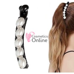 Accesoriu tip banana pentru prins parul din plastic PZS008DD - Neagra cu perle 